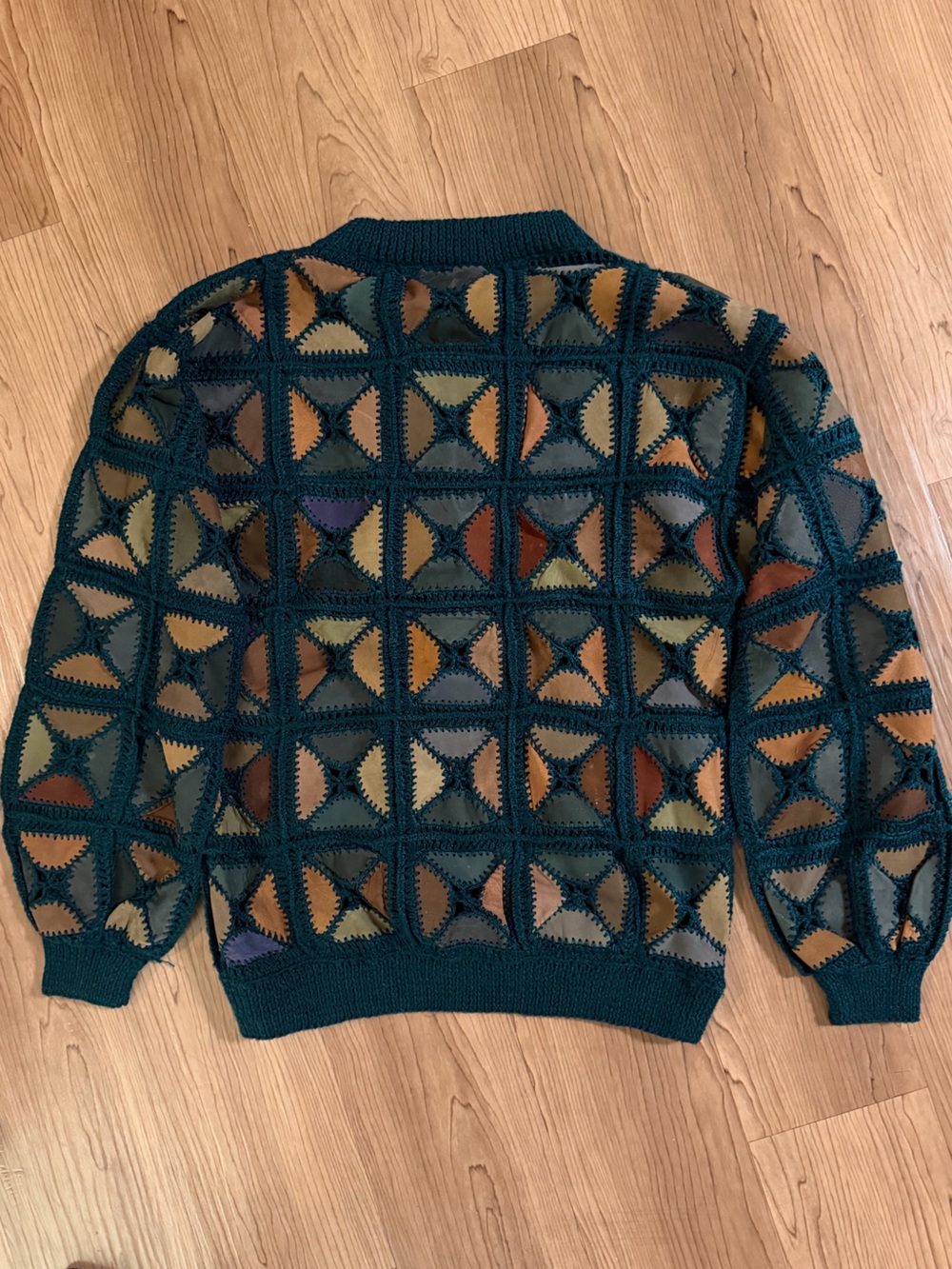 Vintage Crocheted Genuine Leather Patchwork Cardigan | Hand Knit One-of-a-kind - Picture 6 of 9